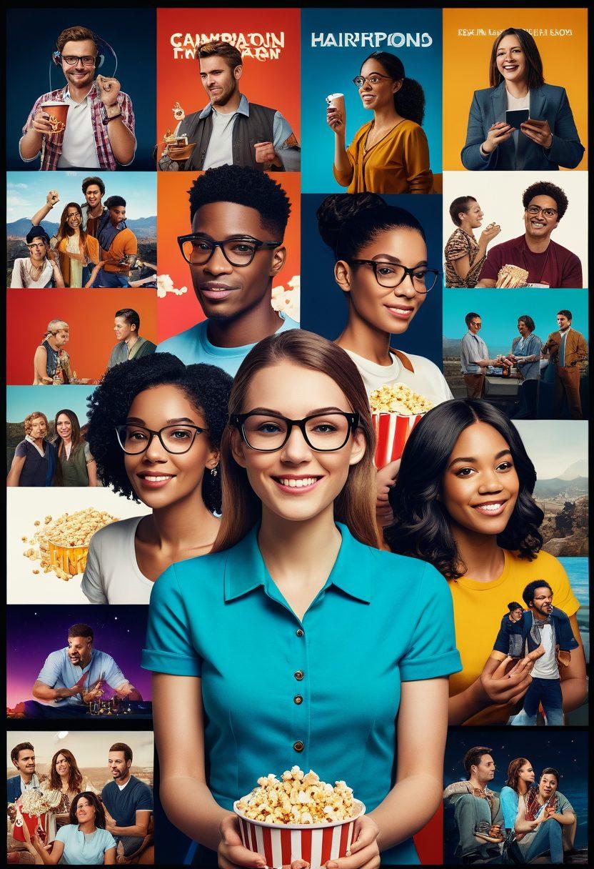 A vibrant, dynamic collage of various adult film streaming icons and devices, featuring a diverse group of people engaged in different forms of streaming content. Incorporate playful elements like popcorn, film reels, and digital devices to represent the viewing experience. Use engaging colors to create a lively and enticing atmosphere while maintaining a tasteful aesthetic. Elements suggesting exploration and guidance, such as a compass or map, add context to the theme. super-realistic. vibrant colors. modern digital art.