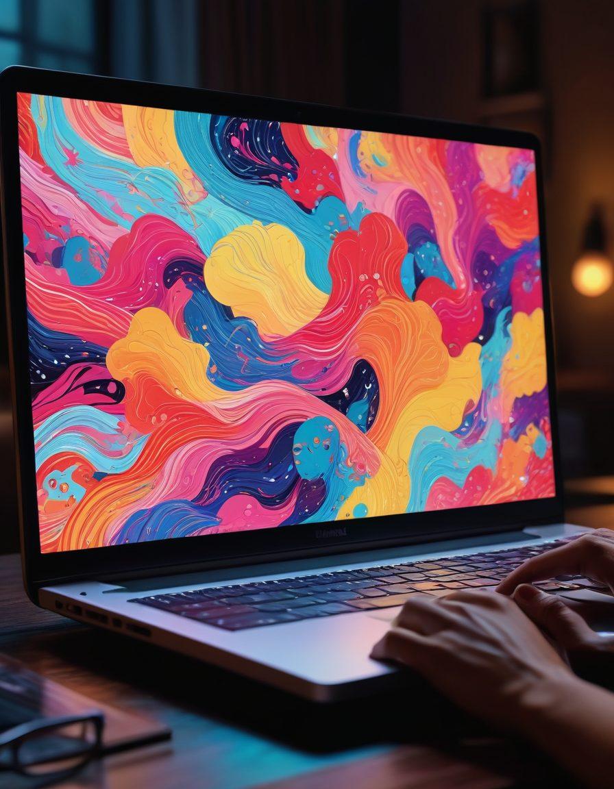An artistic representation of an open laptop screen displaying various vibrant thumbnails of adult media categories, surrounded by abstract shapes and soft lighting. Subtle silhouettes of a diverse group of people engaging in conversation in the background, symbolizing navigation and exploration within the adult content space. Enhance the atmosphere with a hint of sensuality while ensuring a tasteful presentation. vibrant colors. abstract art. soft lighting.